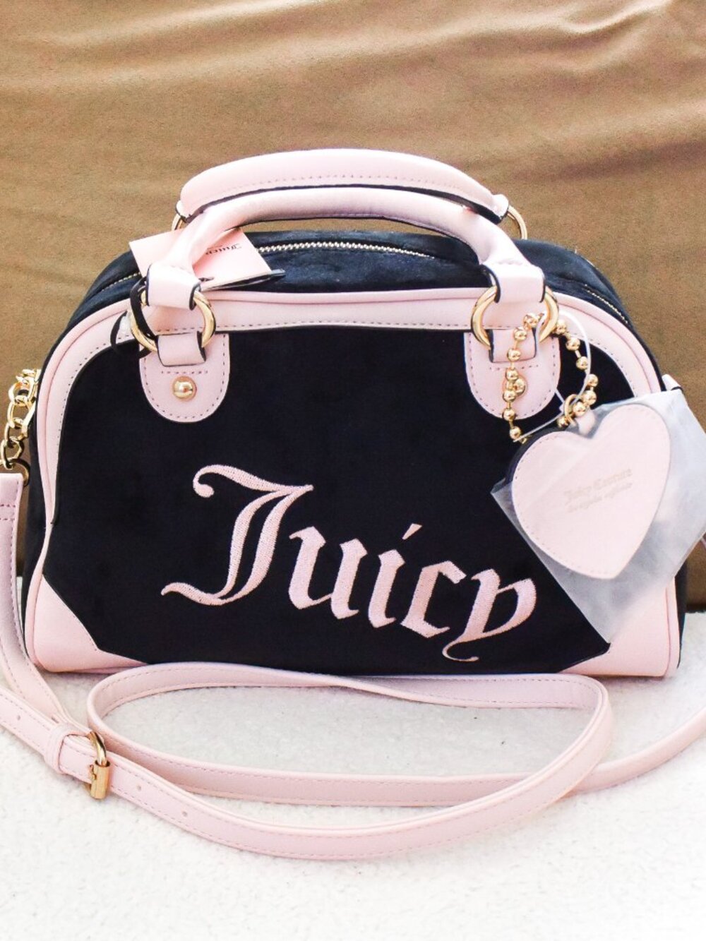 *Juicy Couture* Urban Heritage Bowler Bag - Liquorice Black Velour & Pink - NEW!